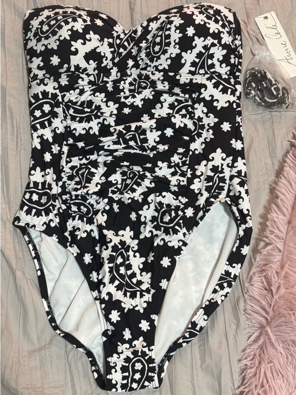 Anne Cole Riviera Paisley Twist Front Strapless One-Piece Black White 12